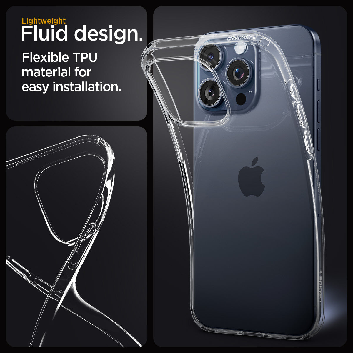 ACS06557 - iPhone 15 Pro Max Case Liquid Crystal in crystal clear showing the lightweight Fluid design. Flexible TPU material for easy installation