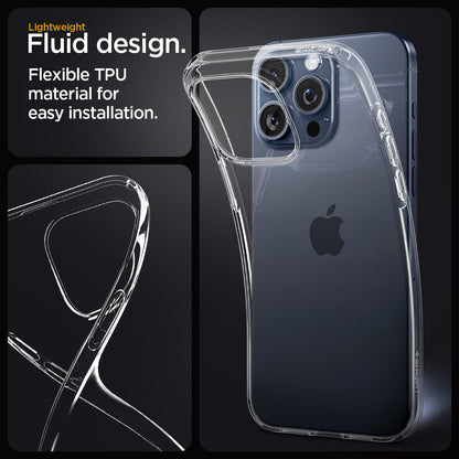 ACS06557 - iPhone 15 Pro Max Case Liquid Crystal in crystal clear showing the lightweight Fluid design. Flexible TPU material for easy installation