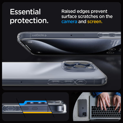 ACS06557 - iPhone 15 Pro Max Case Liquid Crystal in crystal clear showing the essential protection. Raised edges prevent surface scratches on the camera and screen