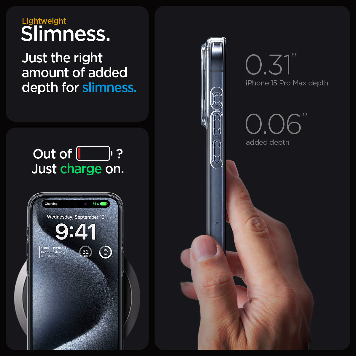 ACS06557 - iPhone 15 Pro Max Case Liquid Crystal in crystal clear showing the lightweight slimness. Just the right amount of added depth for slimness. 0.31" iPhone 15 Pro Max depth | 0.06" added depth