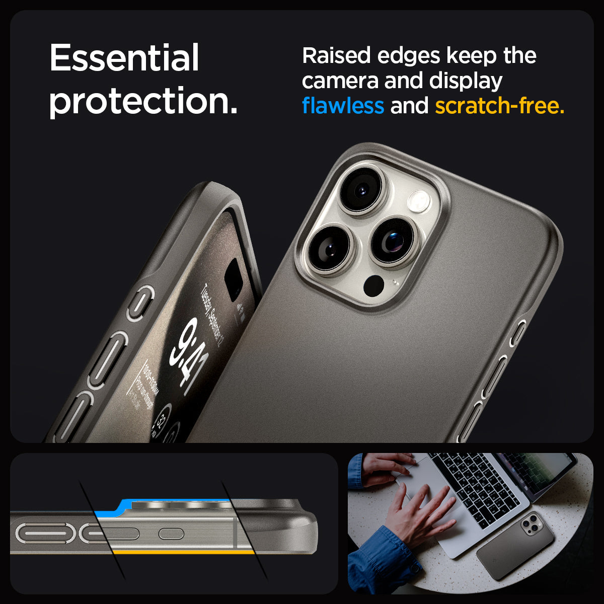 ACS06545 - iPhone 15 Pro Max Case Thin Fit in gunmetal essential protection. Raised edges keep the camera and display flawless and scratch free.