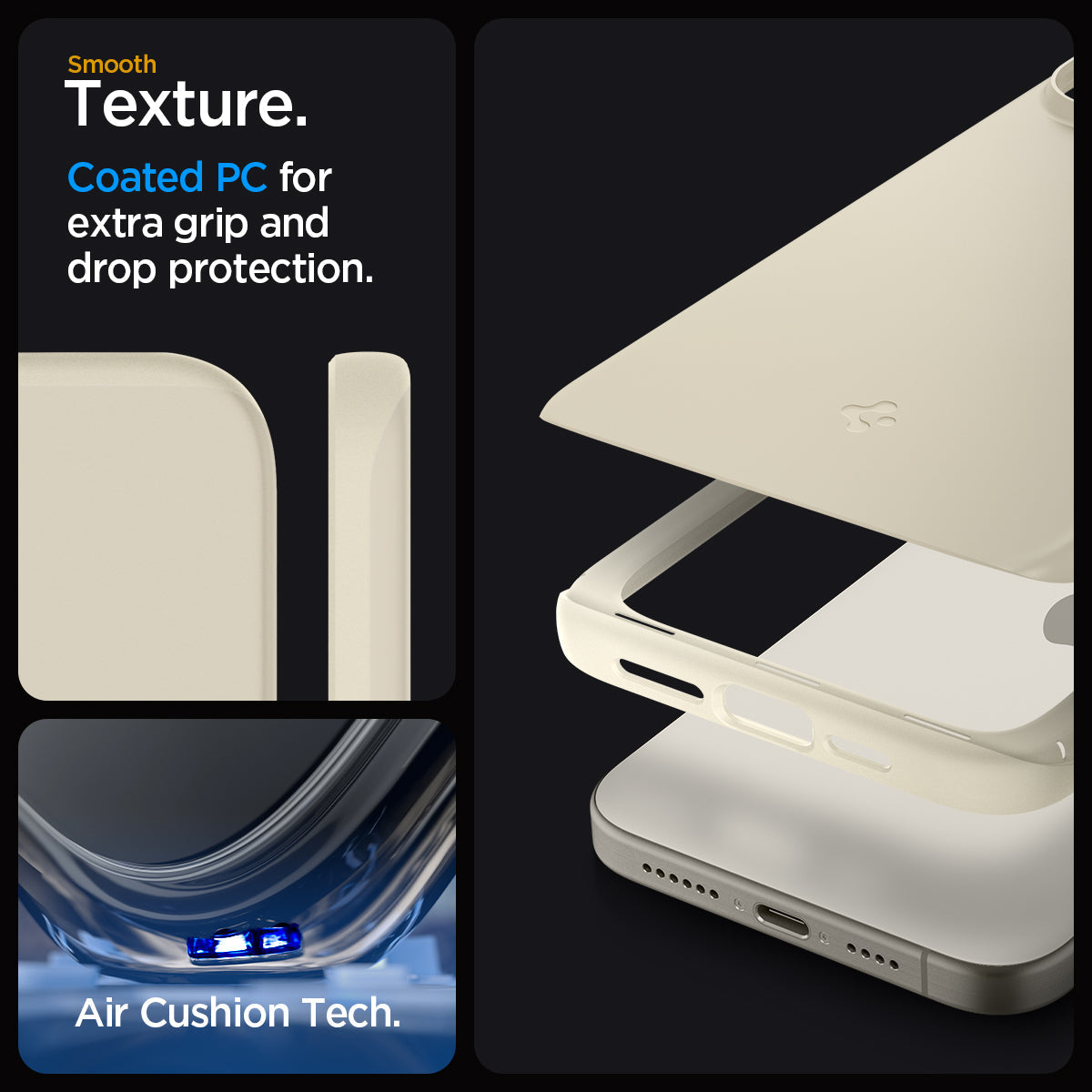 ACS06551 - iPhone 15 Pro Max Case Thin Fit in mute beige smooth texture. Coated PC for extra grip and drop protection. Aircushion tech.