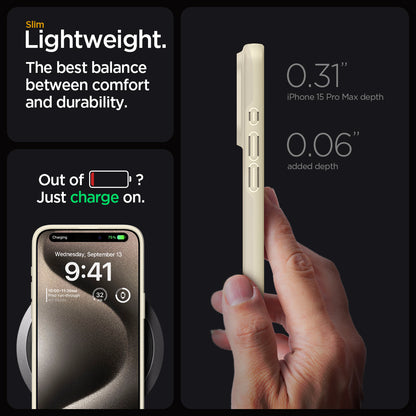 ACS06551 - iPhone 15 Pro Max Case Thin Fit in mute beige slim lightweight. the best balance between comfort and durability. Out of battery? Just charge on. 0.31" iPhone 15 max depth. 0.06" added depth.