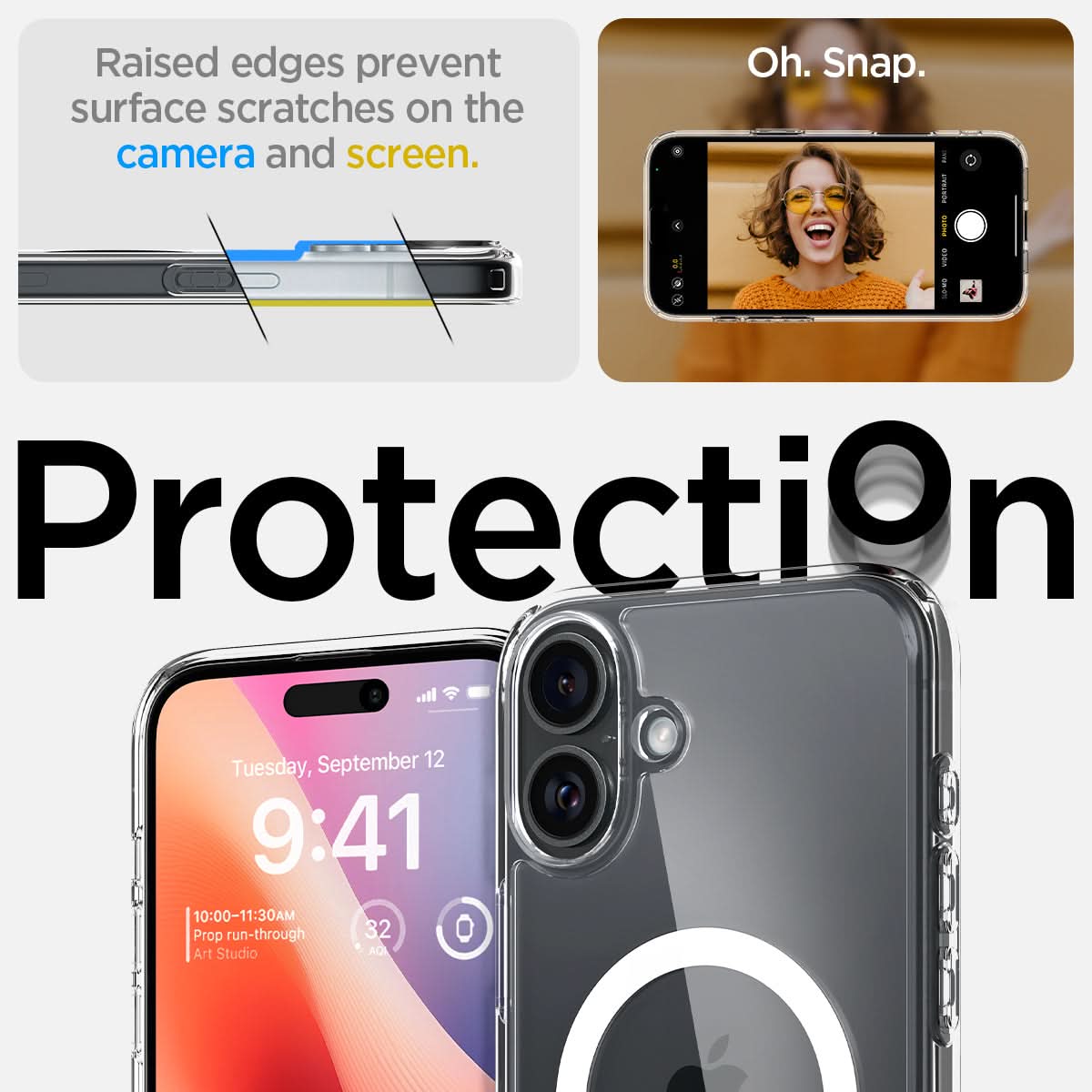 ACS08075 - iPhone 16 Plus Case Ultra Hybrid (MagFit) in White raised edges prevent surface scratches on the camera and screen. Oh snap. Protection.