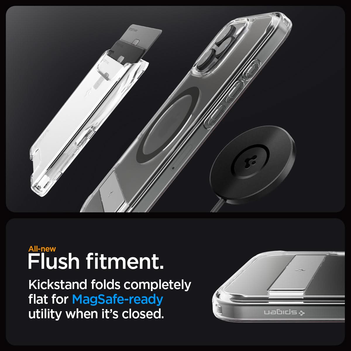 ACS08010 - iPhone 16 Pro Max Case Ultra Hybrid S (MagFit) in Graphite all new flush fitment. Kick stand folds completely flat for mag safe ready utility when it's closed.