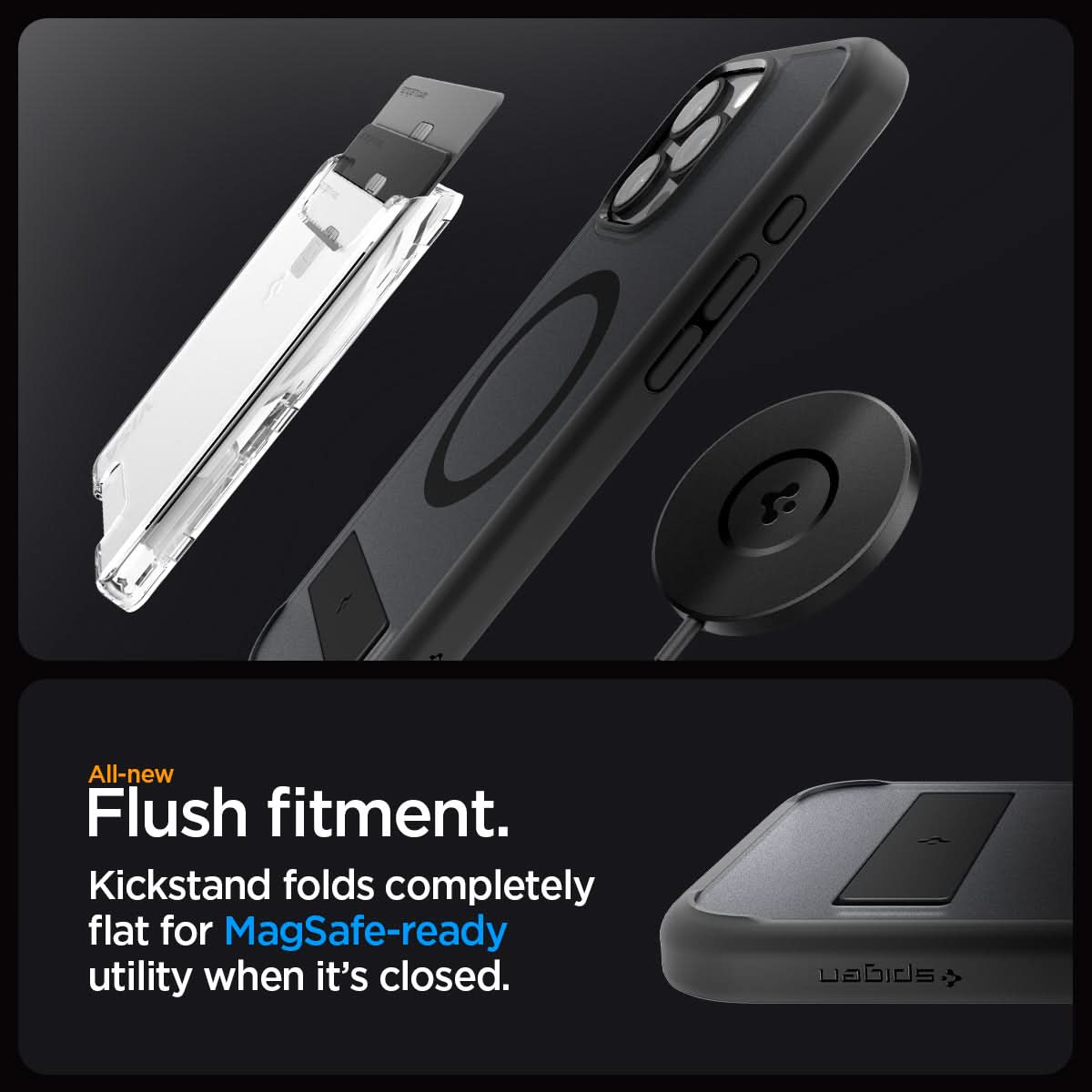 ACS08377 - iPhone 16 Pro Max Case Ultra Hybrid S (MagFit) in Frost Black all new flush fitment. Kick stand folds completely flat for mag safe ready utility when it's closed.
