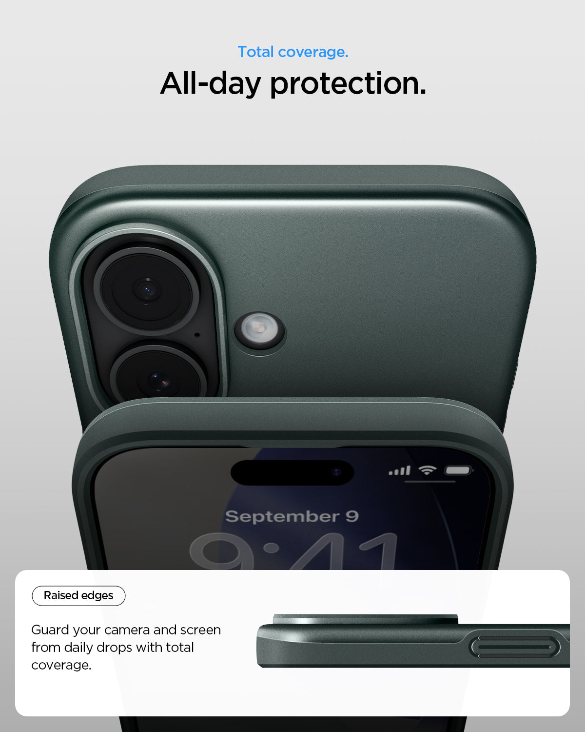 ACS09970 - iPhone 17 Thin Fit (MagFit) in Abyss Green showing total coverage. All day protection. Raised edges. guard your camera and screen from daily drops with total coverage.