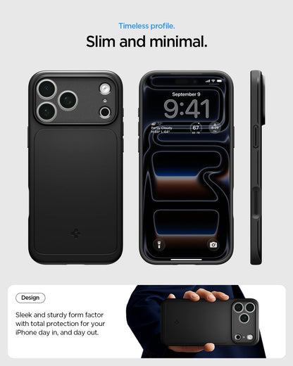 ACS09934 - iPhone 17 Pro Thin Fit (MagFit) in black showing a slim and minimal case design from front, back, and side views.
