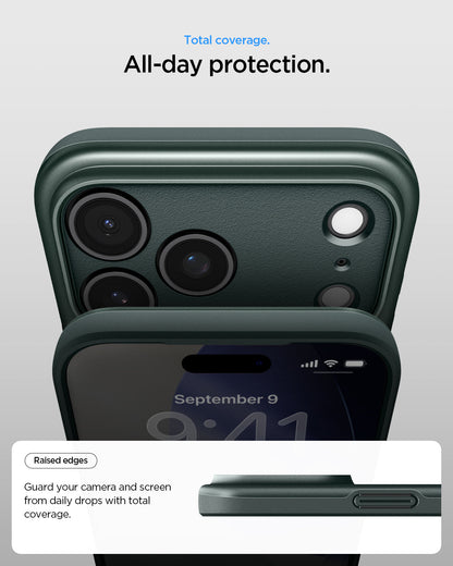 ACS09935 - iPhone 17 Pro Thin Fit (MagFit) in Abyss Green showing total coverage. All day protection. Raised edges. guard your camera and screen from daily drops with total coverage.