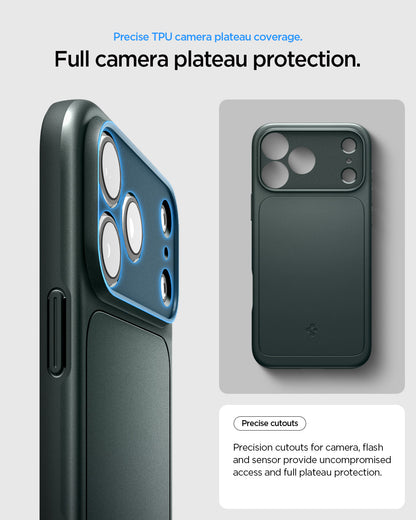 ACS09935 - iPhone 17 Pro Thin Fit (MagFit) in Abyss Green showing full camera plateau protection with precise cutouts for cameras, flash, and sensors.