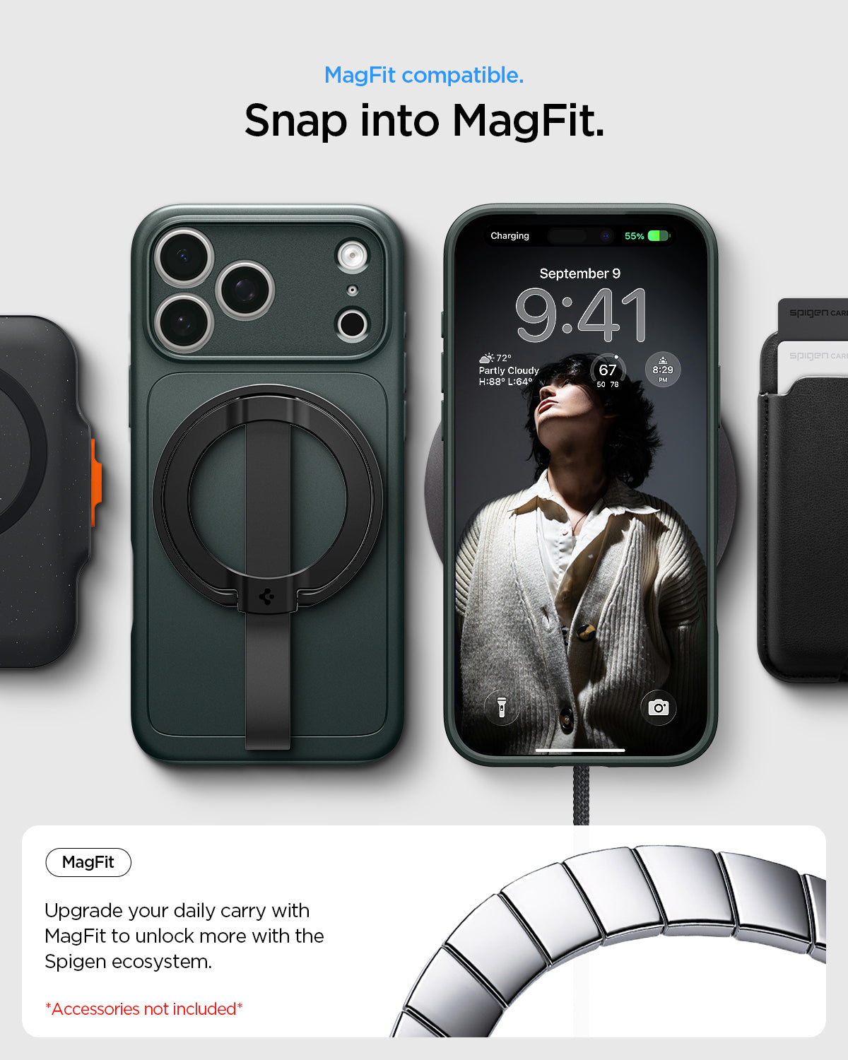 ACS09935 - iPhone 17 Pro Thin Fit (MagFit) in Abyss Green showing Mag Fit compatibility with magnetic charging and everyday accessories.