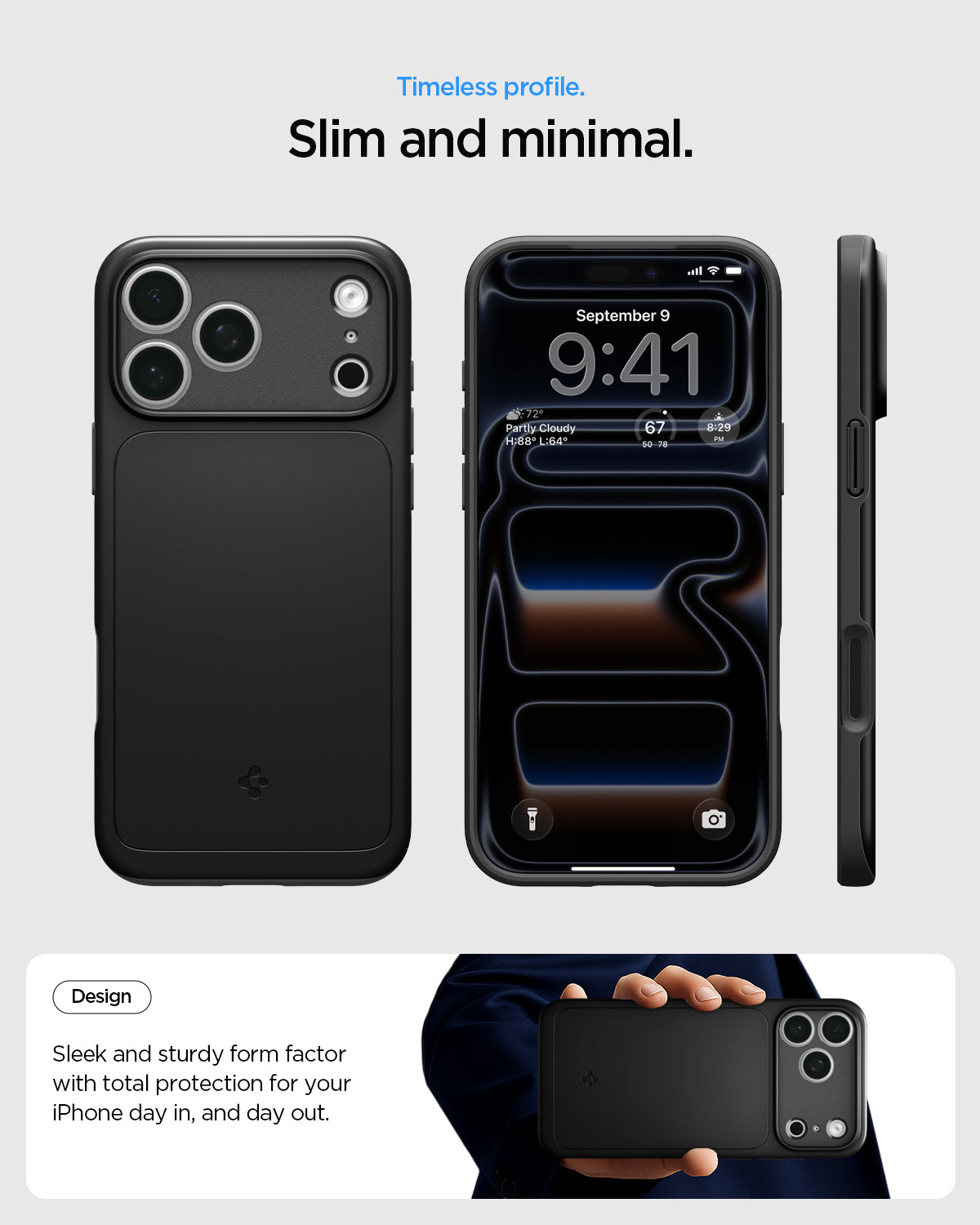 ACS09879 - iPhone 17 Pro Max Thin Fit (MagFit) in black showing a slim and minimal case design from front, back, and side views.