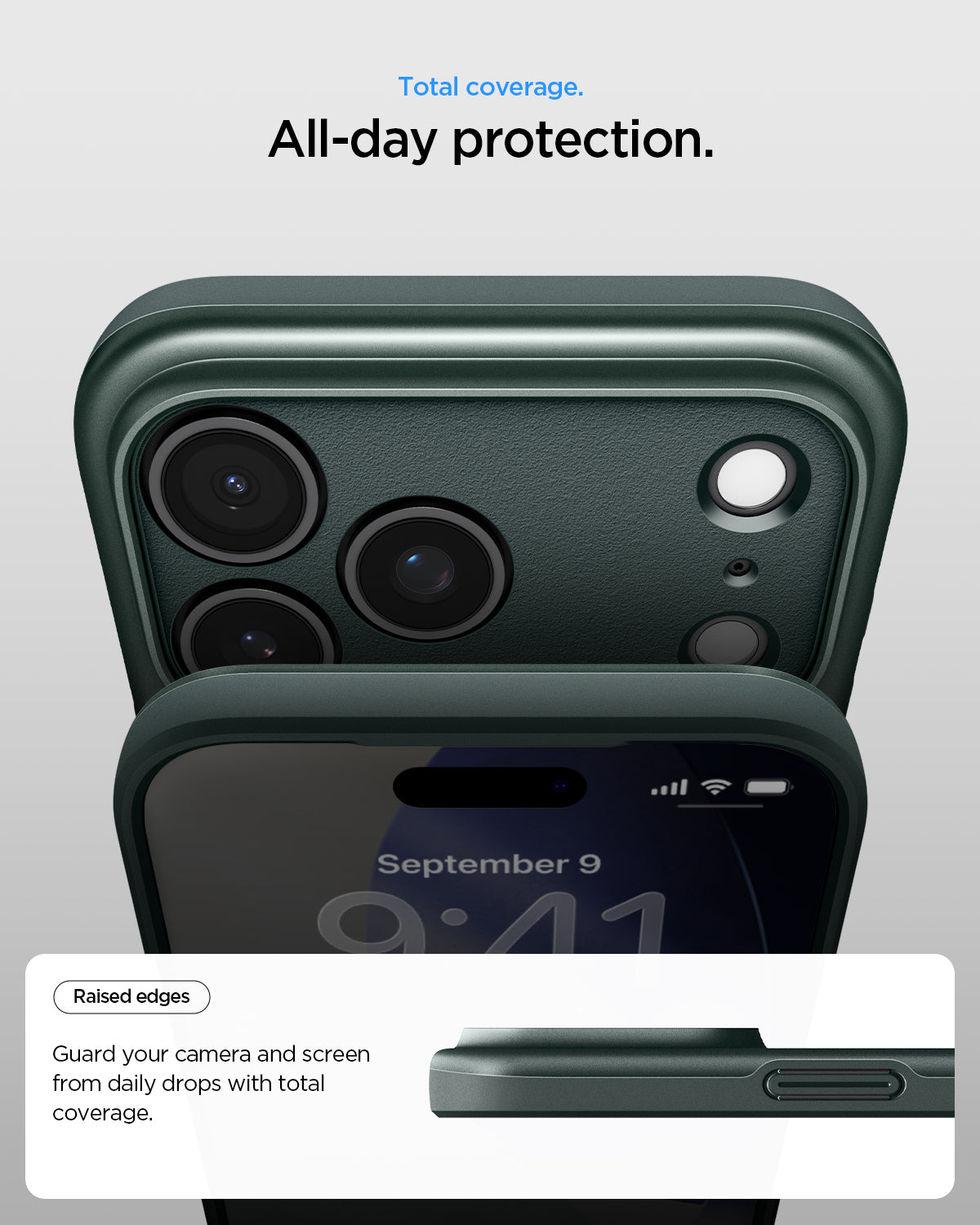 ACS09880 - iPhone 17 Pro Max Thin Fit (MagFit) in abyss green showing total coverage. All day protection. Raised edges. guard your camera and screen from daily drops with total coverage.