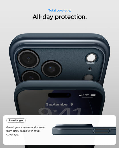 ACS09882 - iPhone 17 Pro Max Thin Fit (MagFit) in Metal Slate showing total coverage. All day protection. Raised edges. guard your camera and screen from daily drops with total coverage.