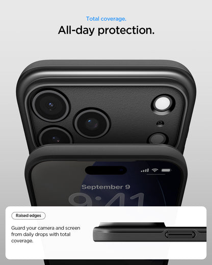 ACS09934 - iPhone 17 Pro Thin Fit (MagFit) in black showing total coverage. All day protection. Raised edges. guard your camera and screen from daily drops with total coverage.