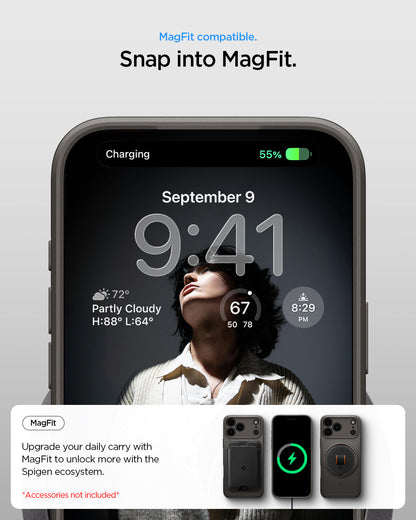 ACS09936 - iPhone 17 Pro Thin Fit (MagFit) in Gunmetal showing magfit compatible. snap into magfit. upgrade your daily carry with magfit to unlock more with the spigen ecosystem