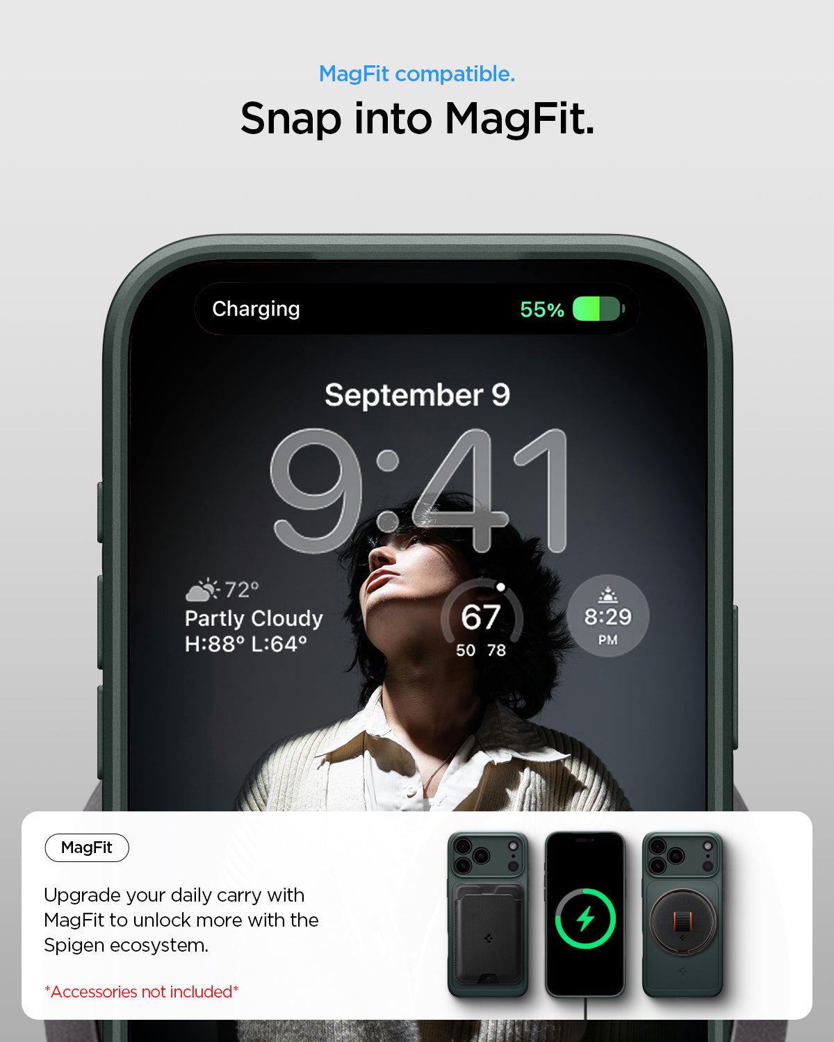 ACS09880 - iPhone 17 Pro Max Thin Fit (MagFit) in abyss green showing magfit compatible. snap into magfit. upgrade your daily carry with magfit to unlock more with the spigen ecosystem