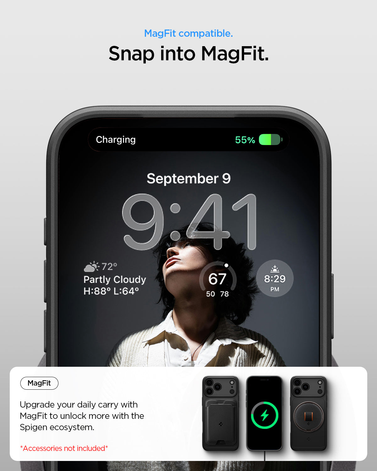 ACS09934 - iPhone 17 Pro Thin Fit (MagFit) in black showing magfit compatible. snap into magfit. upgrade your daily carry with magfit to unlock more with the spigen ecosystem