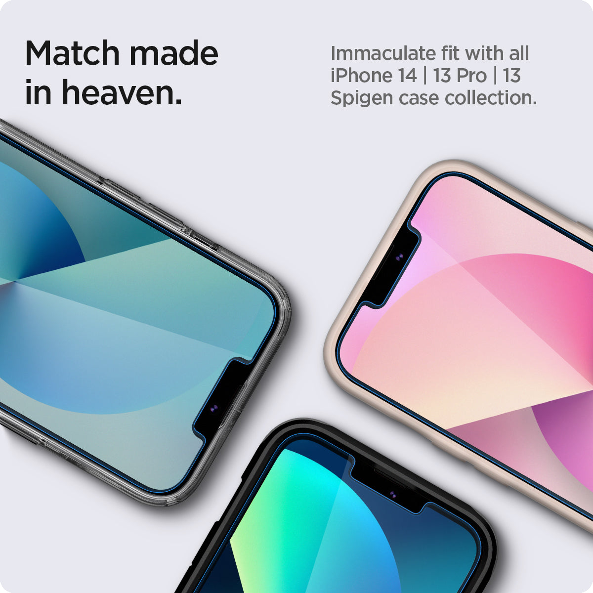 AGL03385 - Three smartphones with colorful displays on a white background, featuring text about Spigen case compatibility.