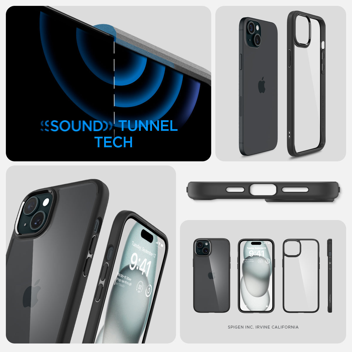 ACS06799 - iPhone 15 Case Ultra Hybrid in matte black showing the sound tunnel tech