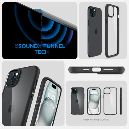 ACS06799 - iPhone 15 Case Ultra Hybrid in matte black showing the sound tunnel tech