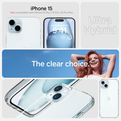 ACS06793 - iPhone 15 Case Ultra Hybrid in crystal clear showing the compatibility only with iPhone 15. Not compatible with iPhone 15 Plus | 15 Pro | 15 Pro Max