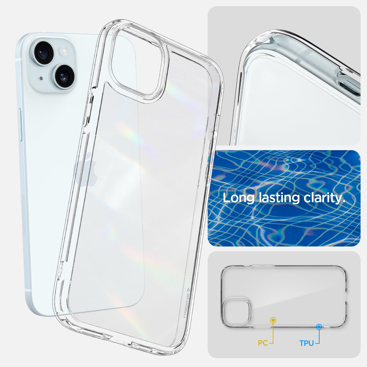 ACS06793 - iPhone 15 Case Ultra Hybrid in crystal clear showing the long lasting clarity