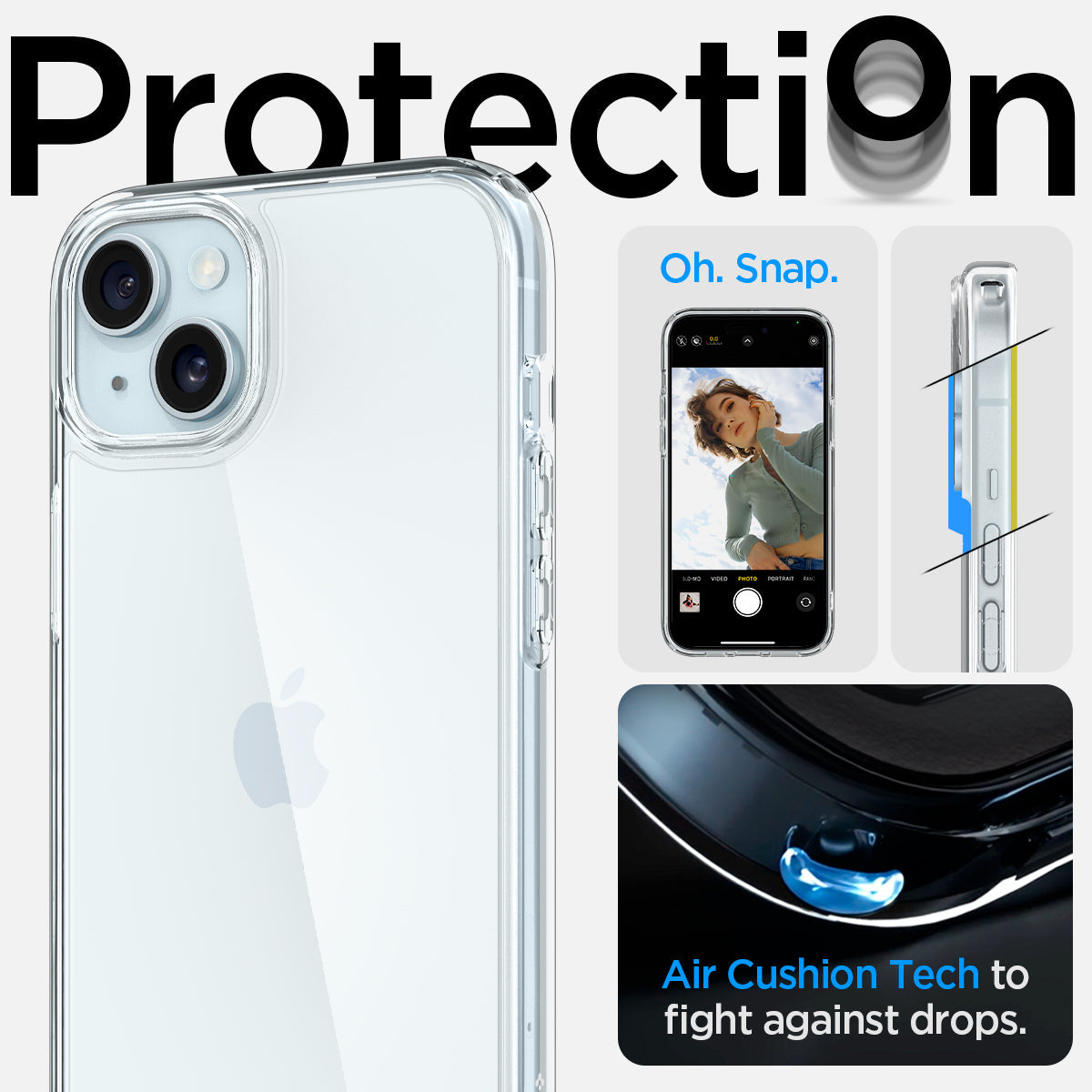 ACS06793 - iPhone 15 Case Ultra Hybrid in crystal clear showing the air cushion tech to fight against drops