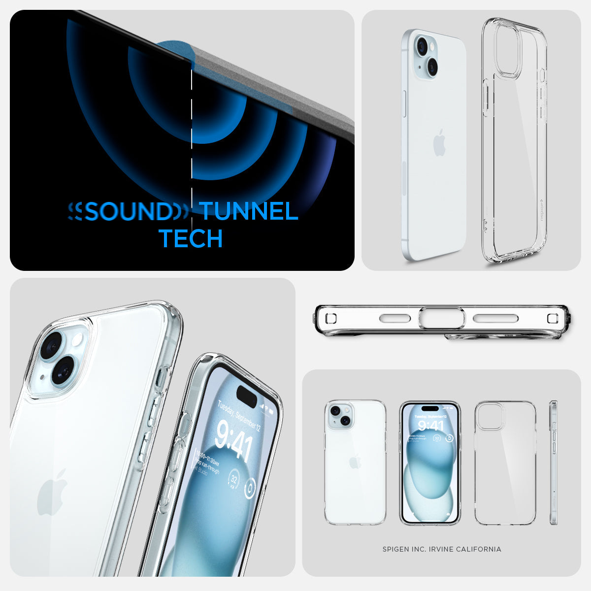 ACS06793 - iPhone 15 Case Ultra Hybrid in crystal clear showing the sound tunnel tech