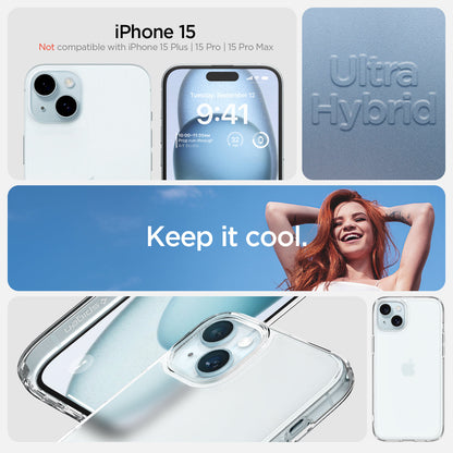 ACS06796 - iPhone 15 Case Ultra Hybrid in frost clear showing the compatibility only with iPhone 15. Not compatible with iPhone 15 Plus | 15 Pro | 15 Pro Max