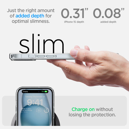 ACS06796 - iPhone 15 Case Ultra Hybrid in frost clear showing the right amount of added depth for optimal slimness. 0.31" device depth | 0.08" added depth. Charge on without losing the protection