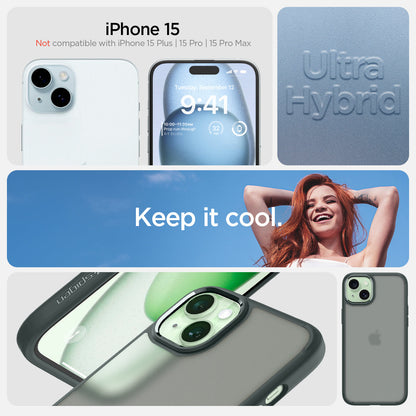 ACS06798 - iPhone 15 Case Ultra Hybrid in frost green showing the compatibility only with iPhone 15. Not compatible with iPhone 15 Plus | 15 Pro | 15 Pro Max