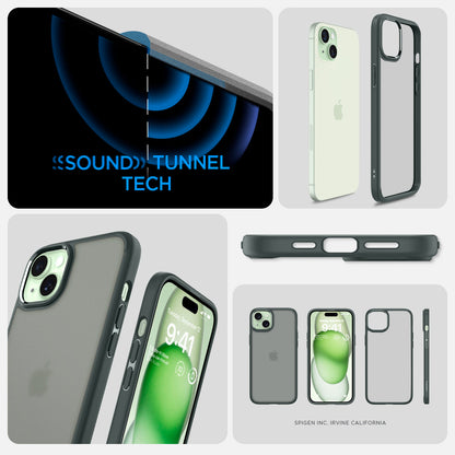 ACS06798 - iPhone 15 Case Ultra Hybrid in frost green showing the different angles with sound tunnel tech
