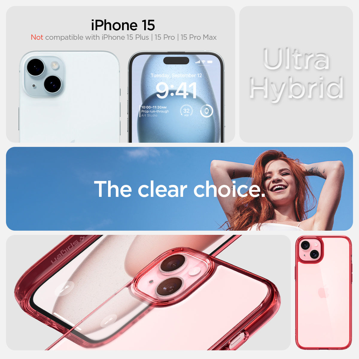ACS06794 - iPhone 15 Case Ultra Hybrid in red crystal showing the compatibility only with iPhone 15. Not compatible with iPhone 15 Plus | 15 Pro | 15 Pro Max