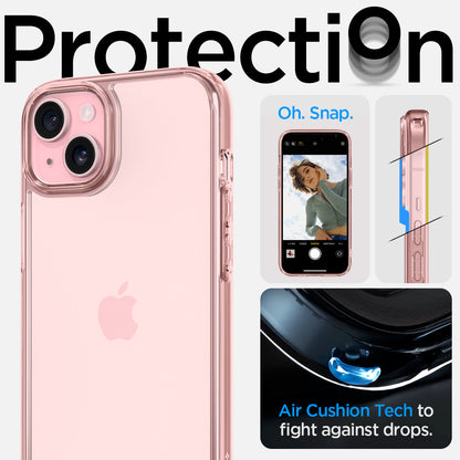 ACS06795 - iPhone 15 Case Ultra Hybrid in rose crystal showing the air cushion tech to fight against drops