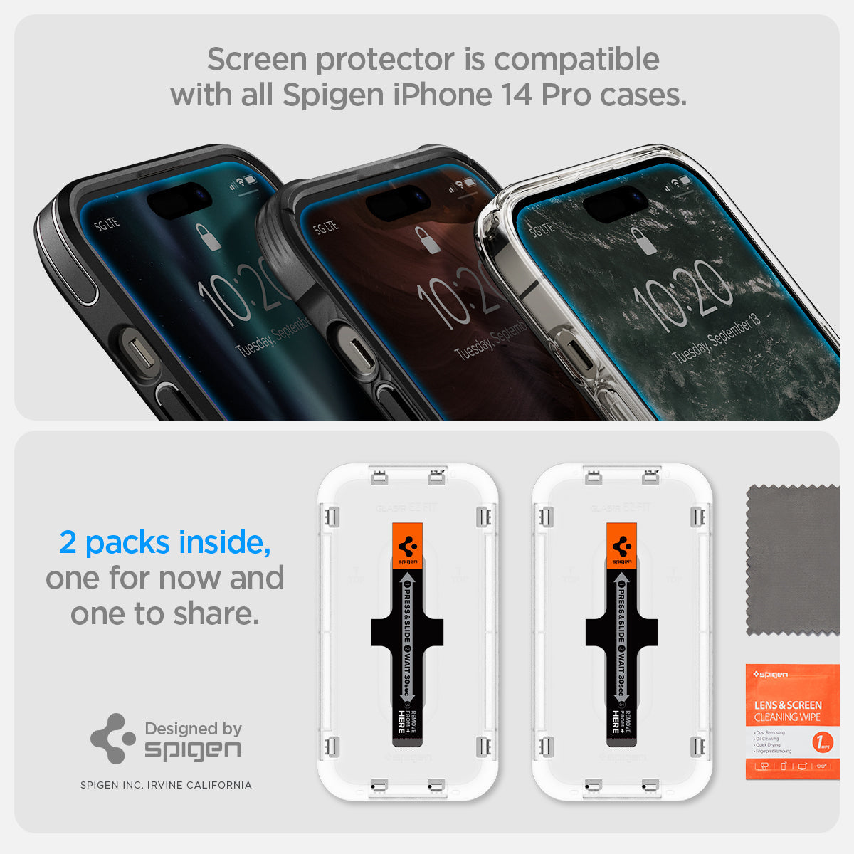 AGL05214 - iPhone 14 Pro Screen Protector EZ FIT GLAS.tR (Sensor Protection) screen protector is compatible with all spigen iPhone 14 pro cases. 2 packs inside one for now and one to share.