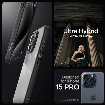 ACS06713 - iPhone 15 Pro Case Ultra Hybrid in matte black showing the compatibility only with iPhone 15 Pro. Not compatible with iPhone 15, 15 Plus or 15 Pro Max