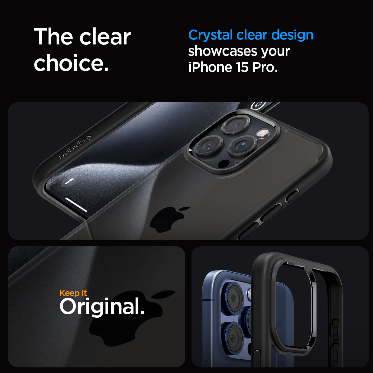 ACS06713 - iPhone 15 Pro Case Ultra Hybrid in matte black showing the clear choice. Crystal clear design showcases your iPhone 15 Pro