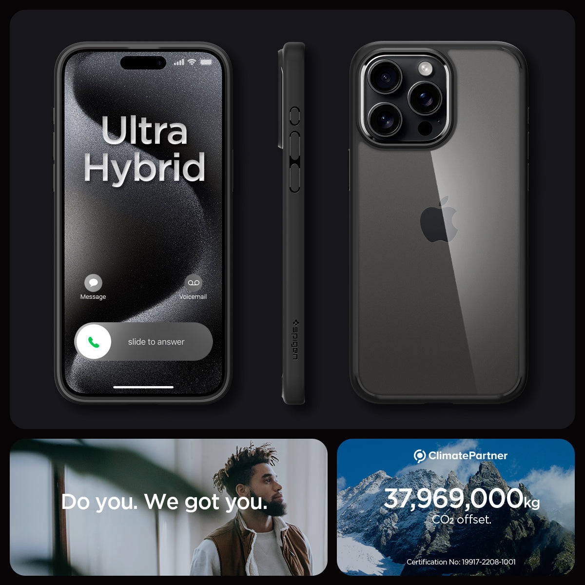 ACS06713 - iPhone 15 Pro Case Ultra Hybrid in matte black showing the different angles