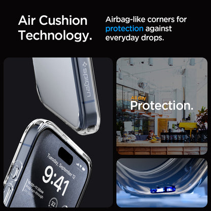 ACS06707 - iPhone 15 Pro Case Ultra Hybrid in crystal clear showing the air cushion technology. Airbag-like corners for protection against everyday drops
