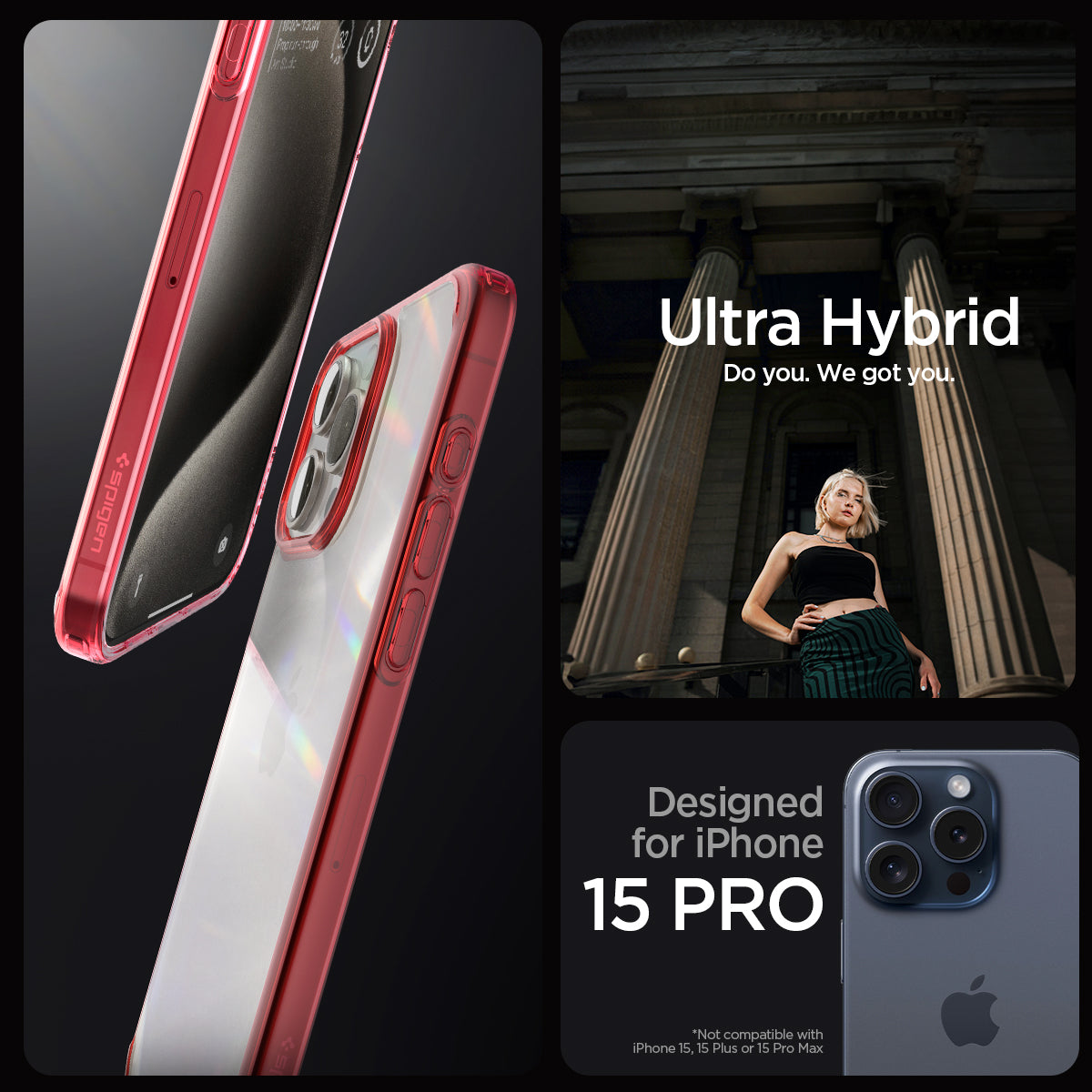 ACS07054 - iPhone 15 Pro Case Ultra Hybrid in deep red showing the compatibility only with iPhone 15 Pro. Not compatible with iPhone 15, 15 Plus or 15 Pro Max