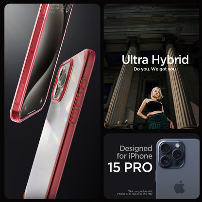 ACS07054 - iPhone 15 Pro Case Ultra Hybrid in deep red showing the compatibility only with iPhone 15 Pro. Not compatible with iPhone 15, 15 Plus or 15 Pro Max