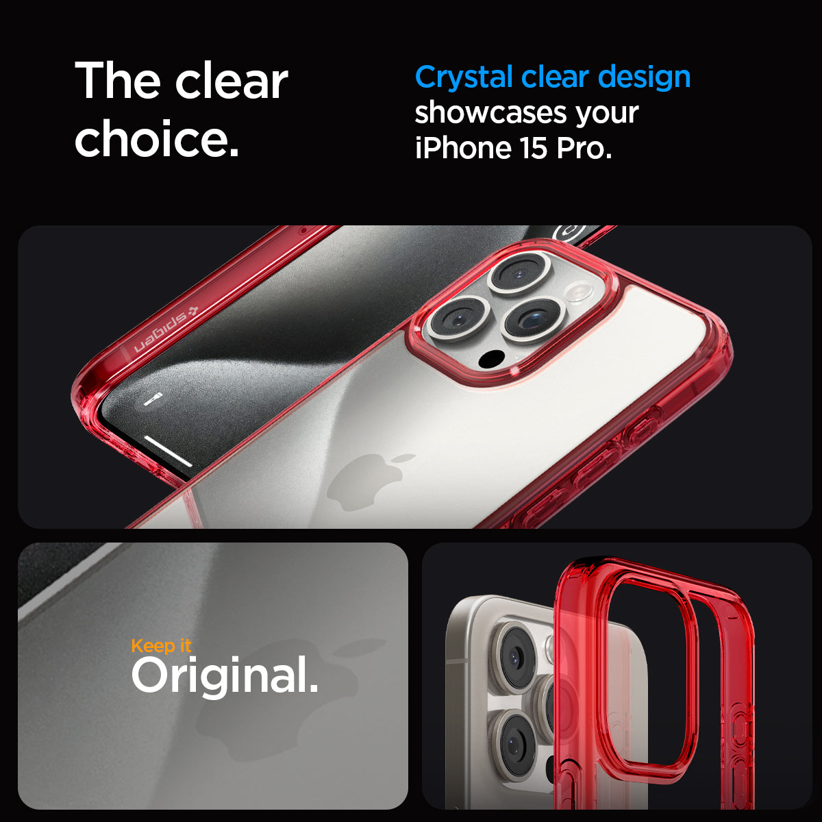 ACS07054 - iPhone 15 Pro Case Ultra Hybrid in deep red showing the clear choice. Crystal clear design showcases your iPhone 15 Pro