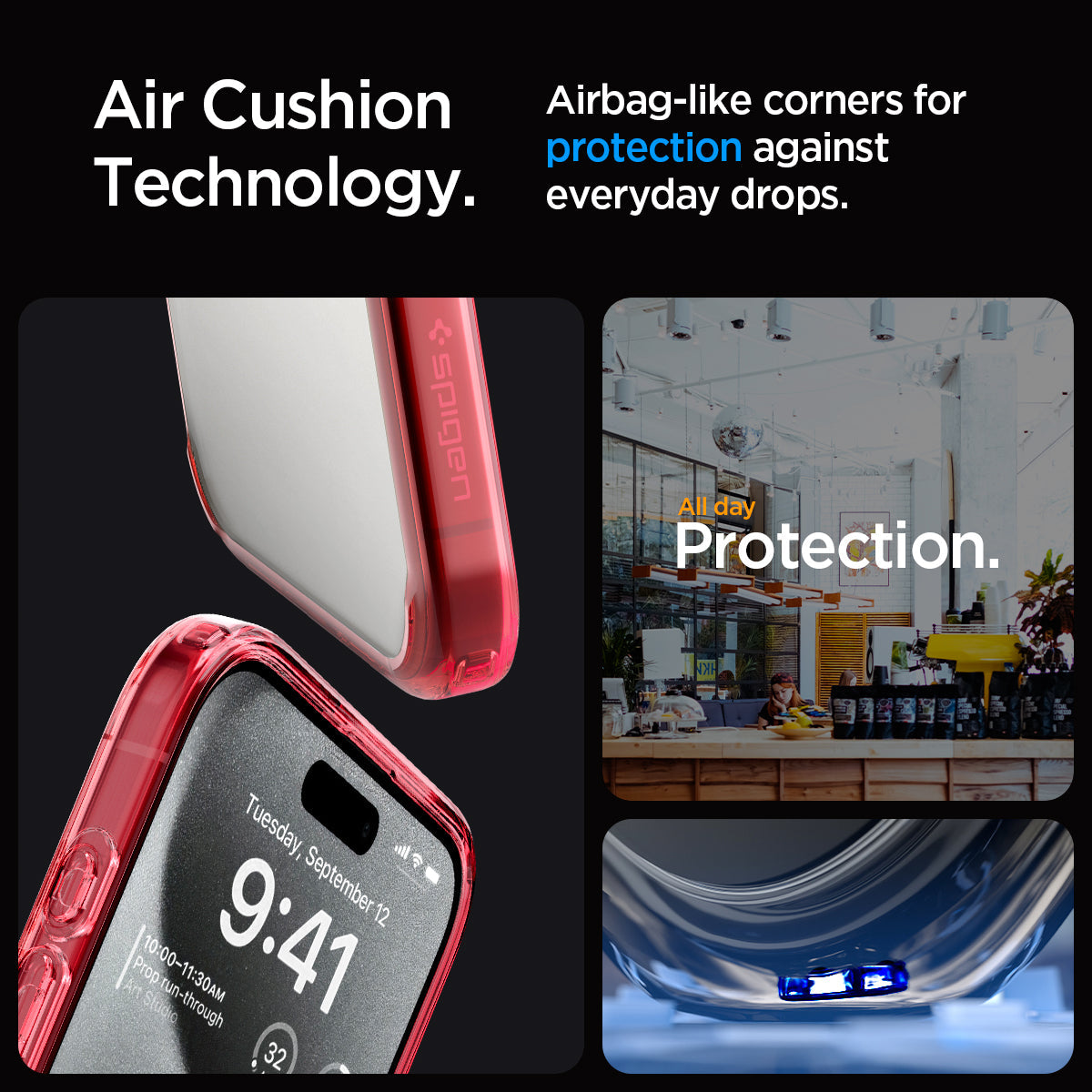 ACS07055 - iPhone 15 Pro Case Ultra Hybrid in red crystal showing the air cushion technology. Airbag -like corners for protection against everyday drops