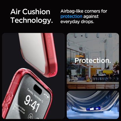 ACS07055 - iPhone 15 Pro Case Ultra Hybrid in red crystal showing the air cushion technology. Airbag -like corners for protection against everyday drops