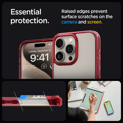 ACS07054 - iPhone 15 Pro Case Ultra Hybrid in deep red showing the essential protection. Raised edges prevent surface scratches on the camera