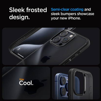 ACS06709 - iPhone 15 Pro Case Ultra Hybrid in frost black showing the sleek and frosted design. Semi-clear coating and sleek bumpers showcase your new iPhone