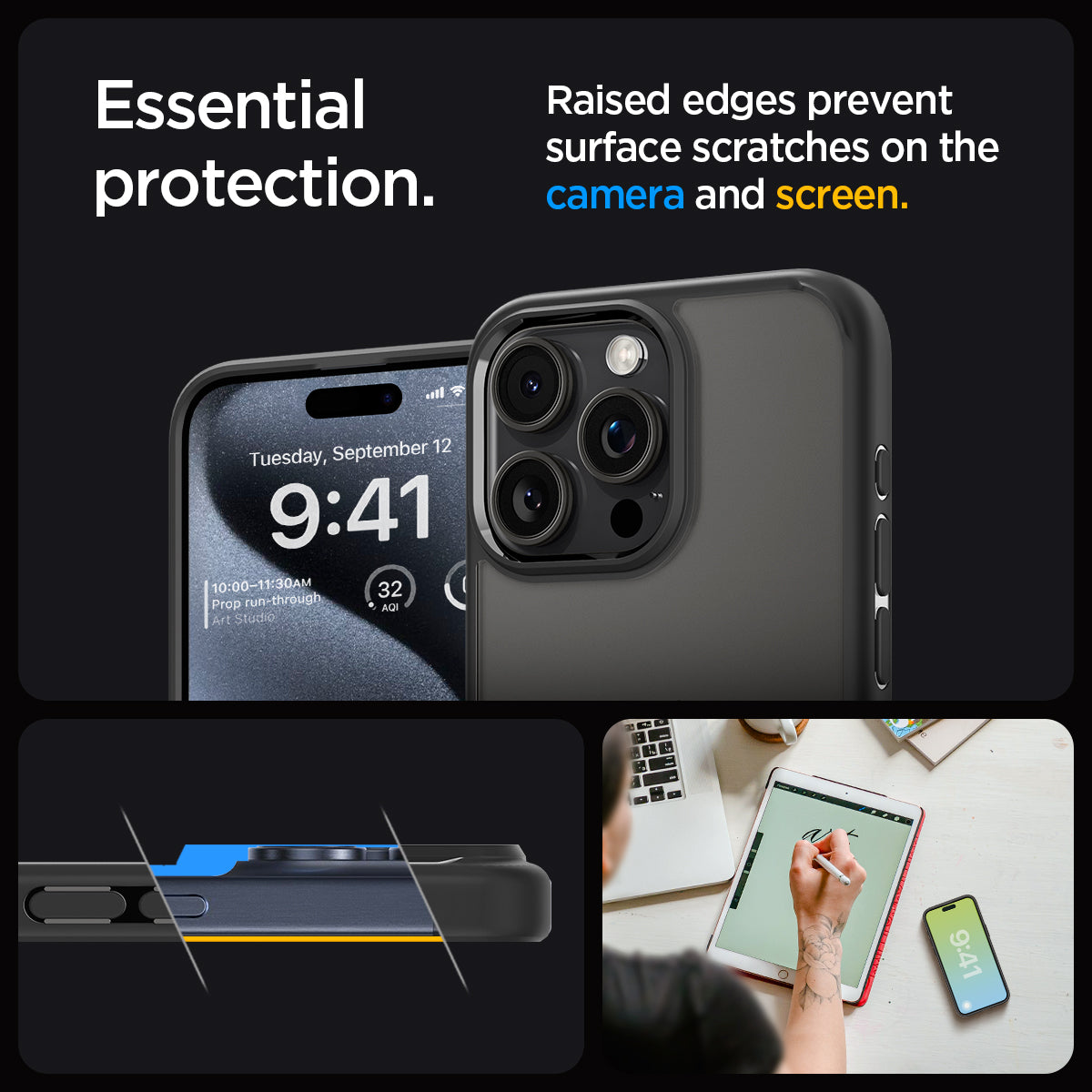 ACS06709 - iPhone 15 Pro Case Ultra Hybrid in frost black showing the essential protection. Raised edges prevent surface scratches on the camera and screen