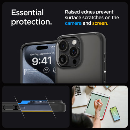 ACS06709 - iPhone 15 Pro Case Ultra Hybrid in frost black showing the essential protection. Raised edges prevent surface scratches on the camera and screen