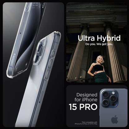 ACS06708 - iPhone 15 Pro Case Ultra Hybrid in frost clear showing the compatibility only with iPhone 15 Pro. Not compatible with iPhone 15 | 15 Plus or 15 Pro Max